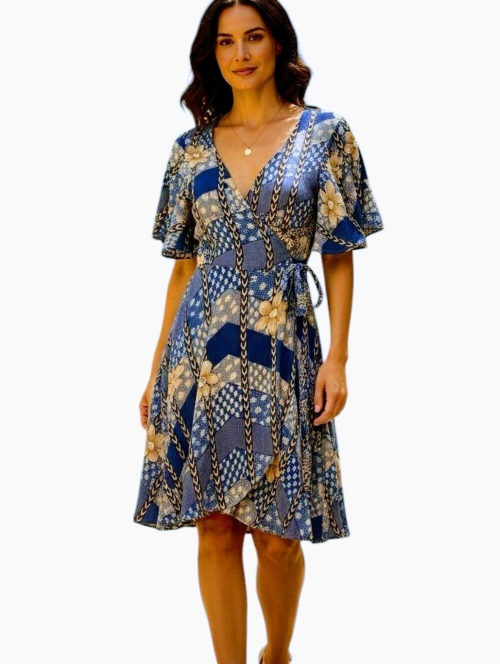 O'Neill Blue Brown and Tan Floral Wrap Mini Dress